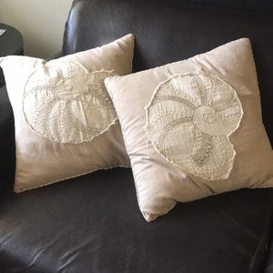 2 Khaki Beaded Seashell Pillows